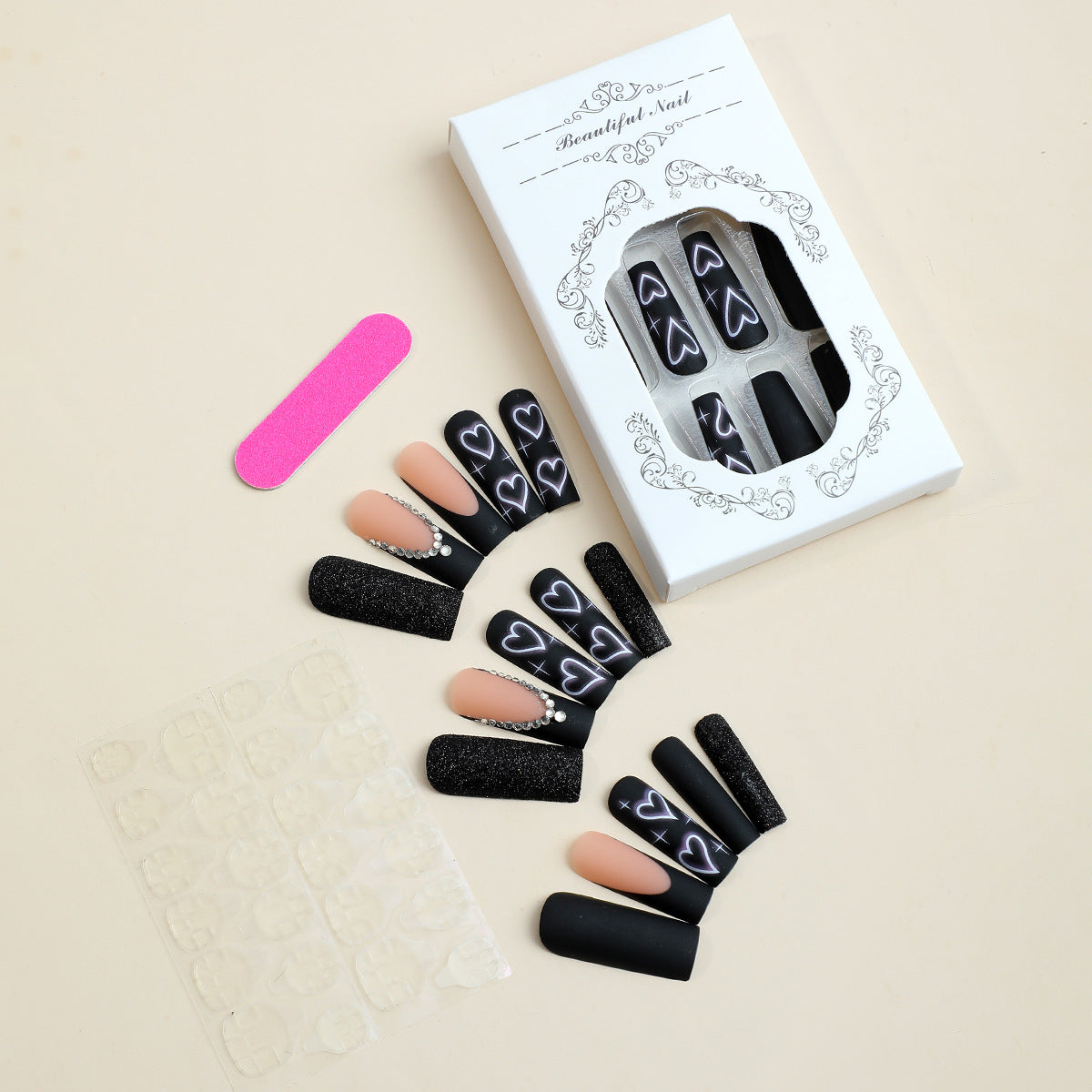 Night Angel Black, Long, Square Press On Nails